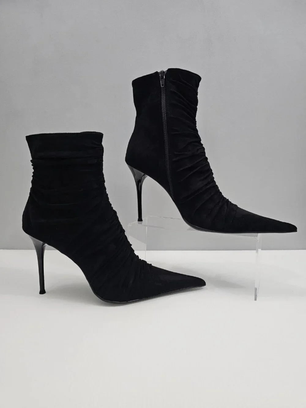 Jeffrey Campbell Lets Go Ankle Boot 9 Black Ruched Pointed Toe Stiletto Heel NEW